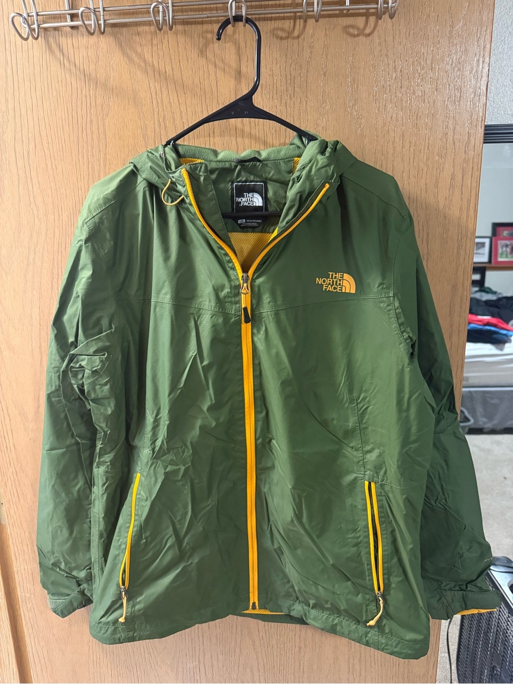The North Face Olive Green Hooded Windbreaker with Yellow Trim